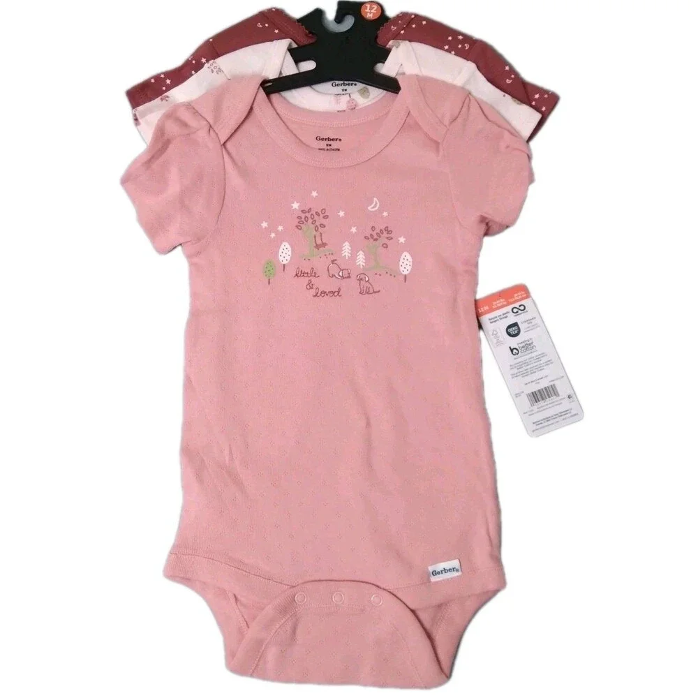 Gerber Onepiece Bodysuits Baby Girls 3pk Pink Short Sleeve Size 12M